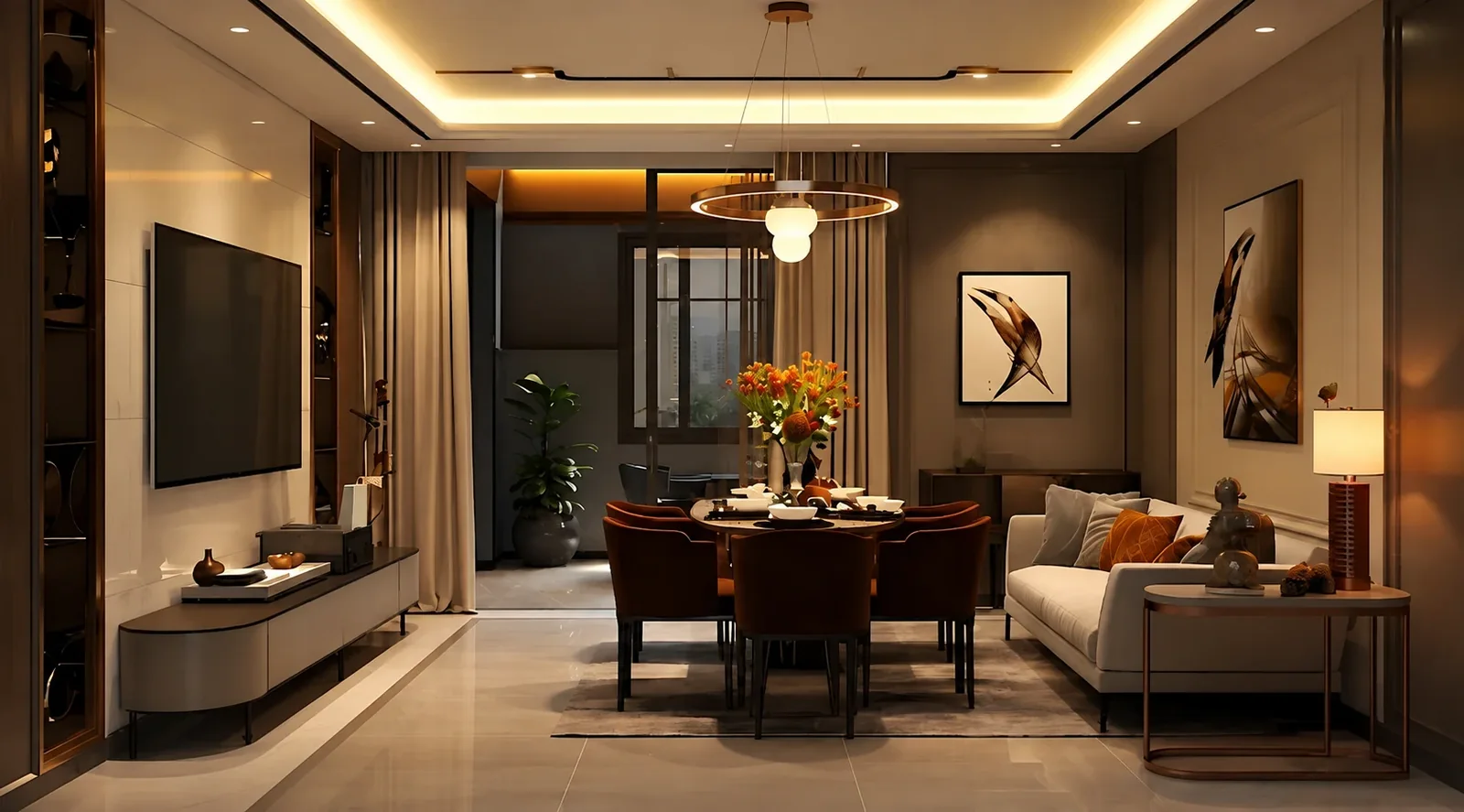 Warmly lit living and dining space with fitted wooden panelling and units