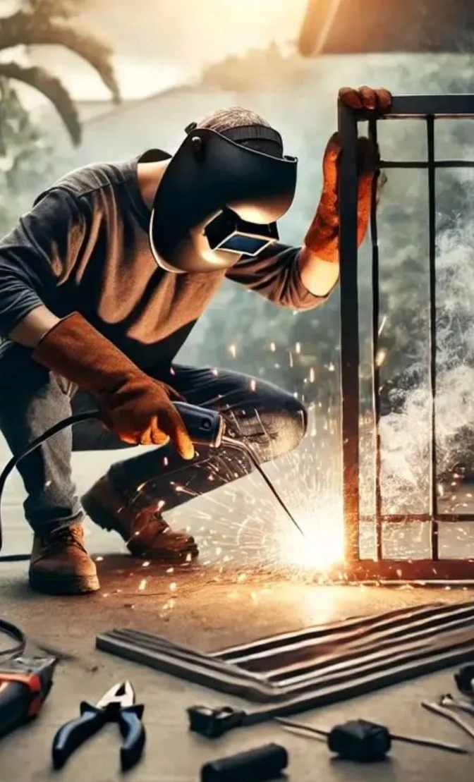 Welder joining a steel gate frame in the workshop, sparks from the arc