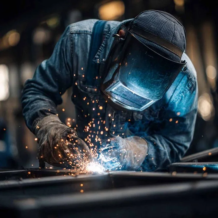 Close-up of an arc weld being run along a steel joint