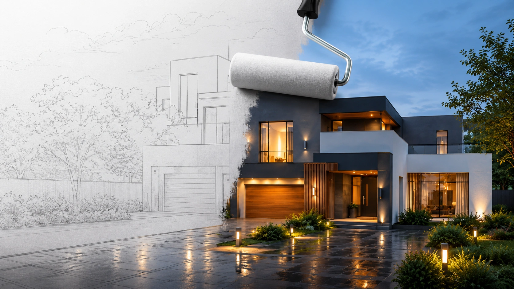 Modern house shown half as a drawing and half as the finished painted exterior