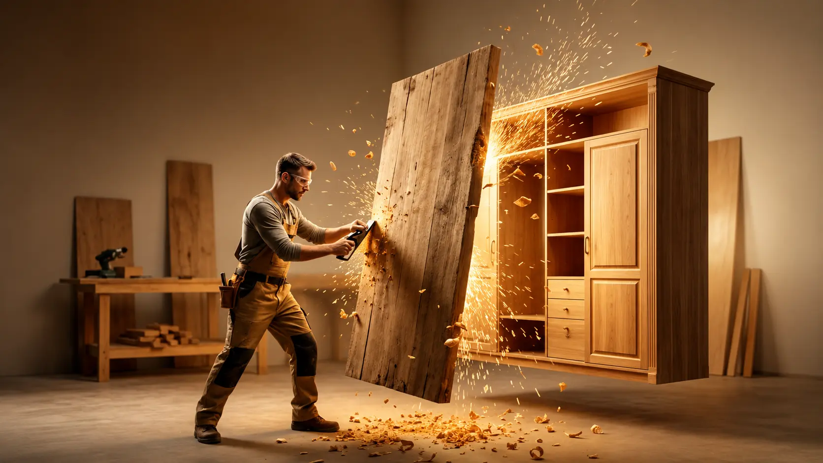Carpenter transforming a rough plank into a finished wooden wardrobe