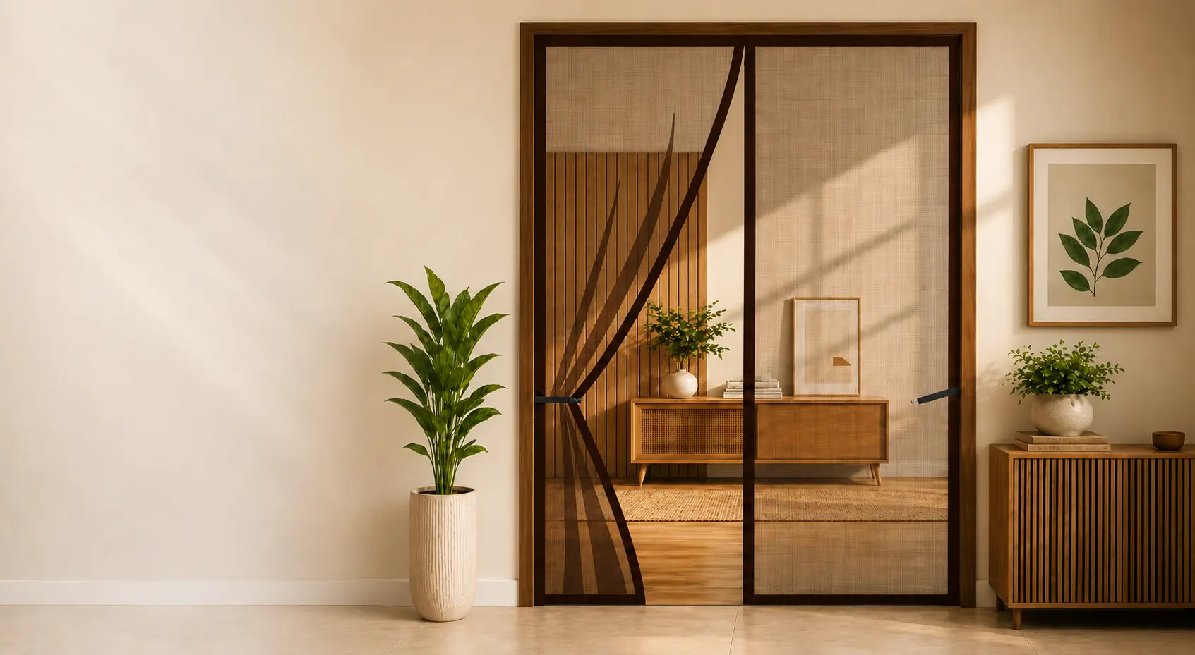 Elegant mosquito net door fitted to a wooden frame in a bright home