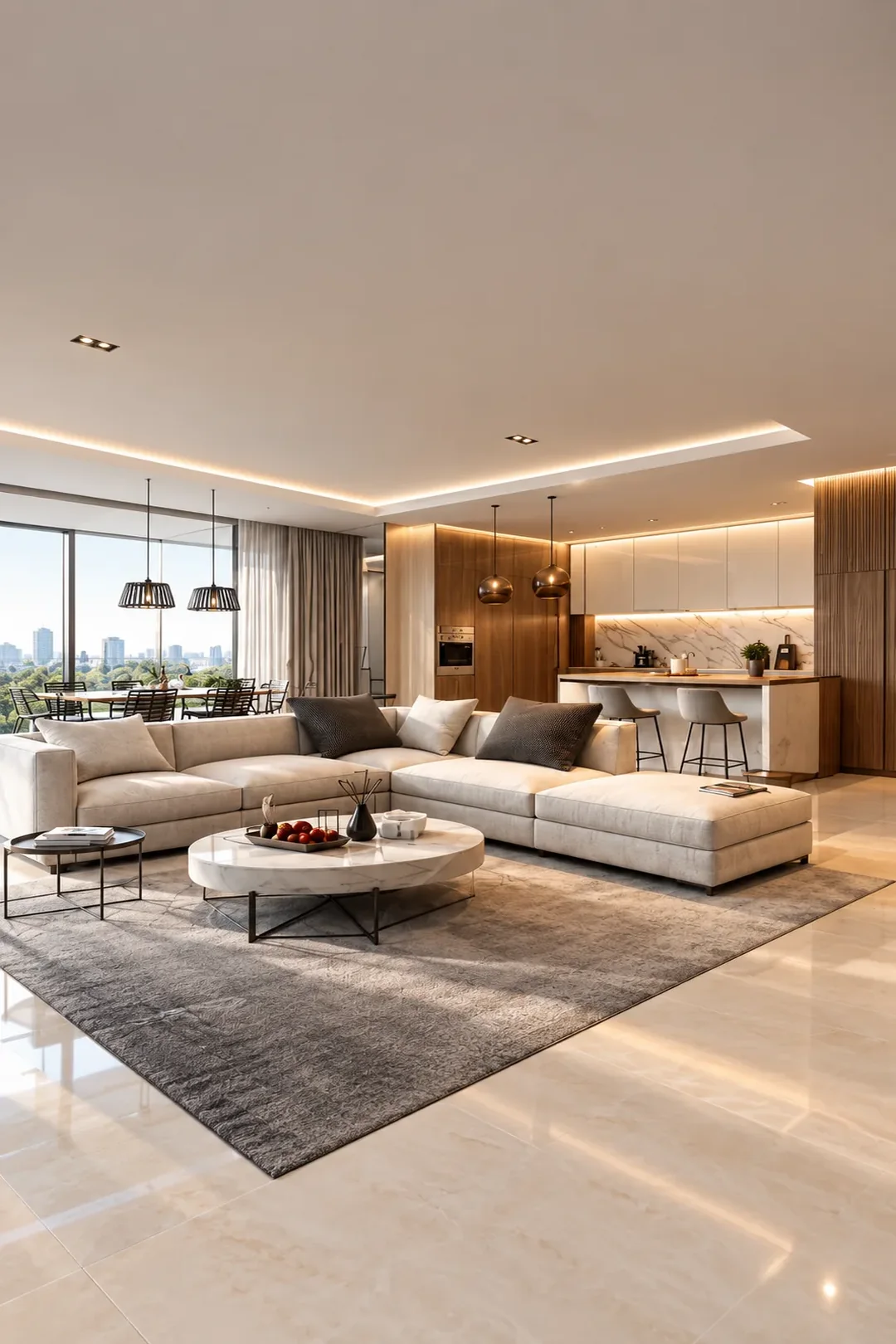 The same living room finished — upholstered sectional, marble island, warm cove lighting and a city view