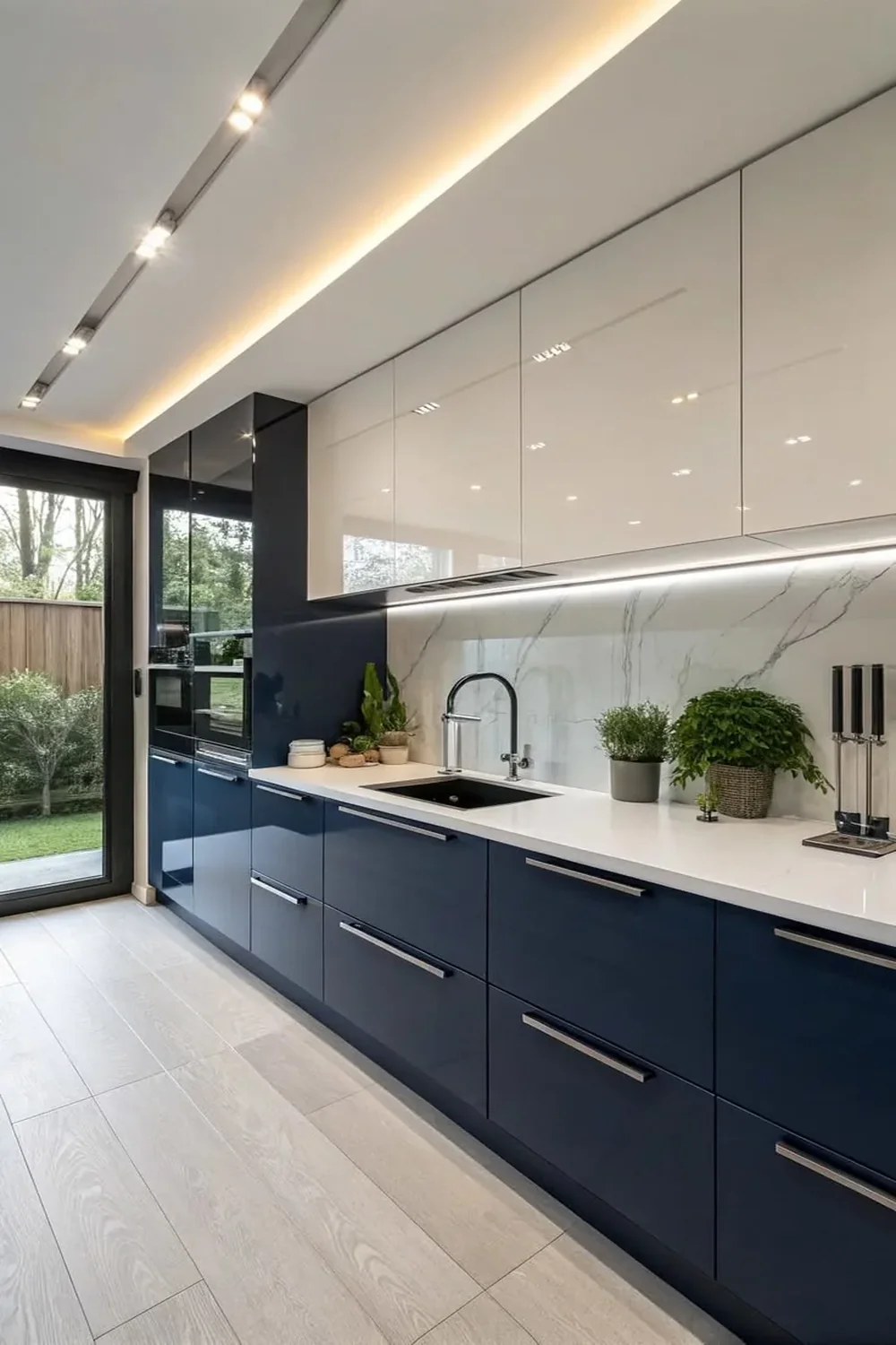 Galley kitchen with gloss white uppers, navy base units and a marble backsplash
