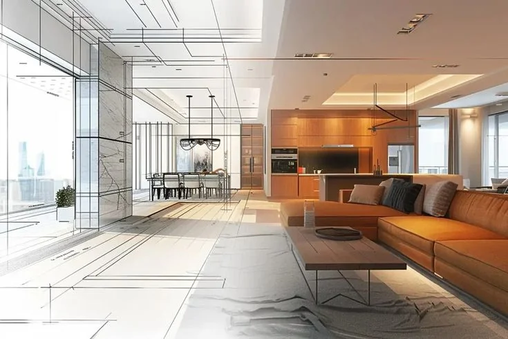 Living and dining space shown half as a line drawing and half as the finished room