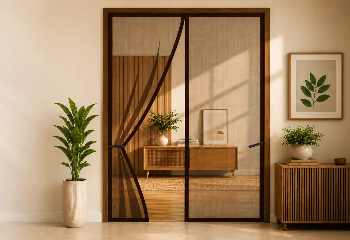 The screened doorway seen in context against the wall and furniture of the room