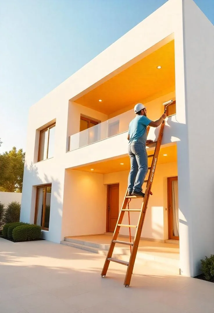 Painter on a ladder painting the exterior wall of a modern house