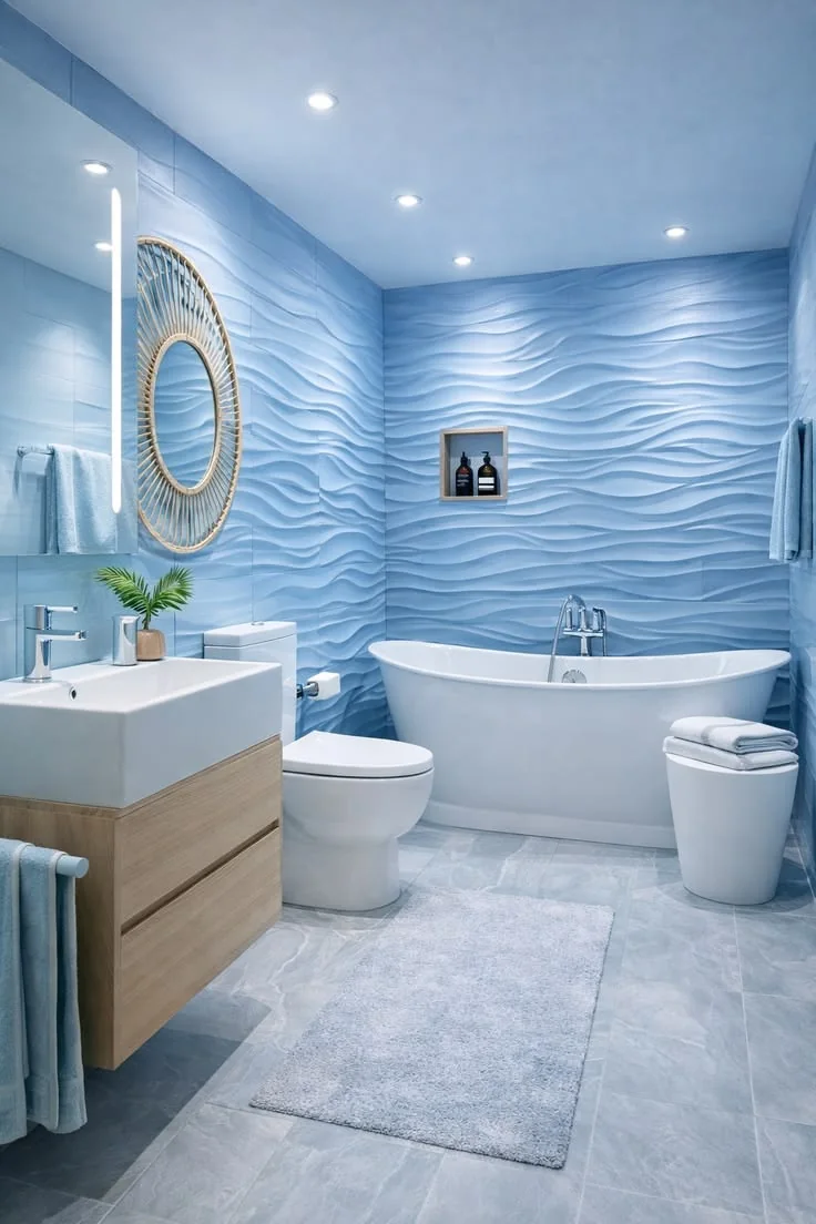 Bathroom finished with a textured feature tile wall and matching floor tiles