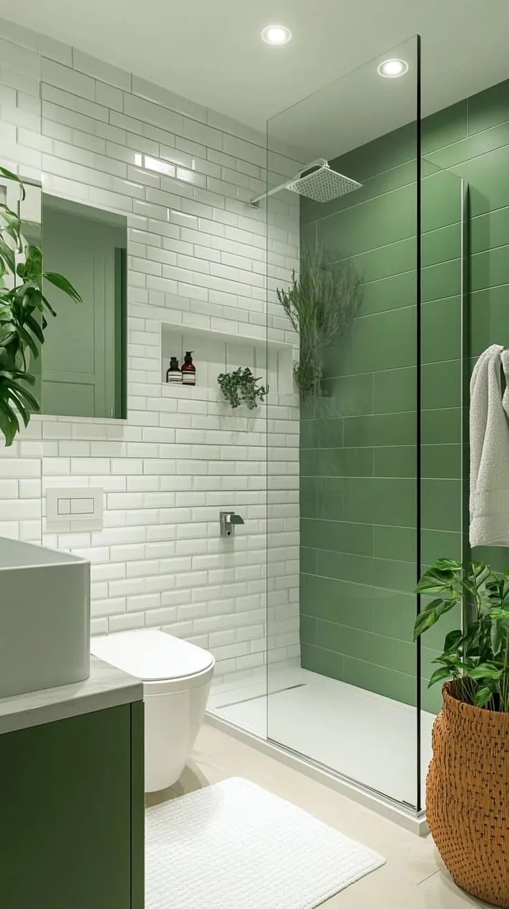Walk-in shower tiled in green and white subway tiles